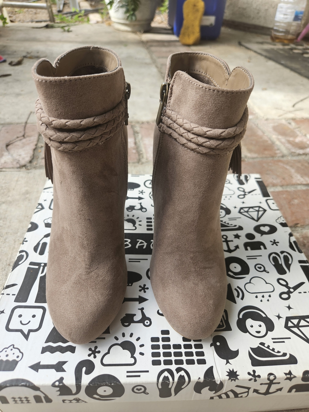 BAMBOO Taupe Suede Braided Tassel Ankle Boots